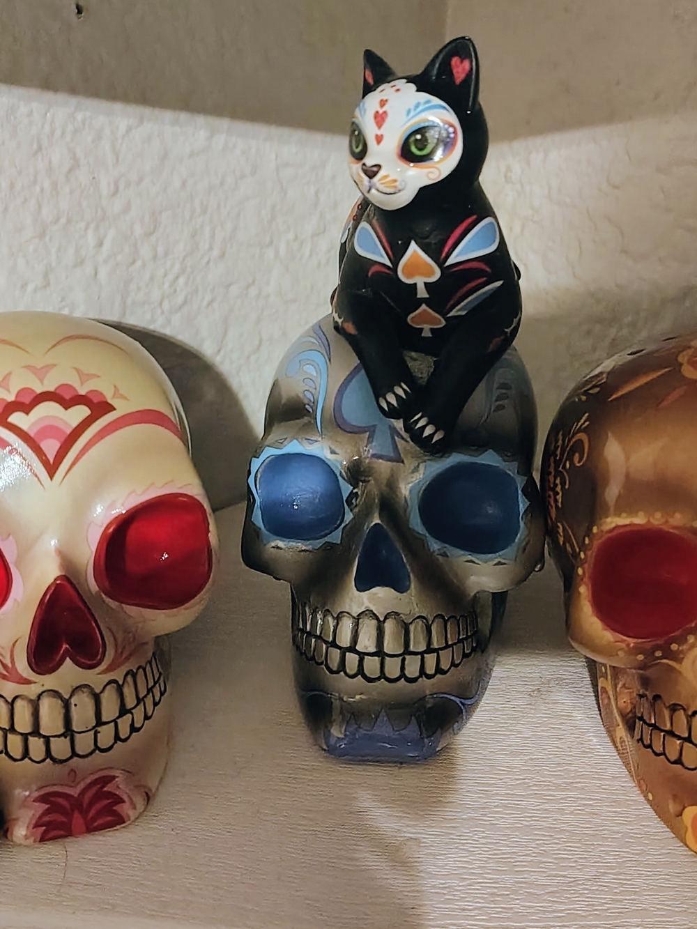 3 Hand-Painted Black Cat on Gray Decorative Skull Figurine